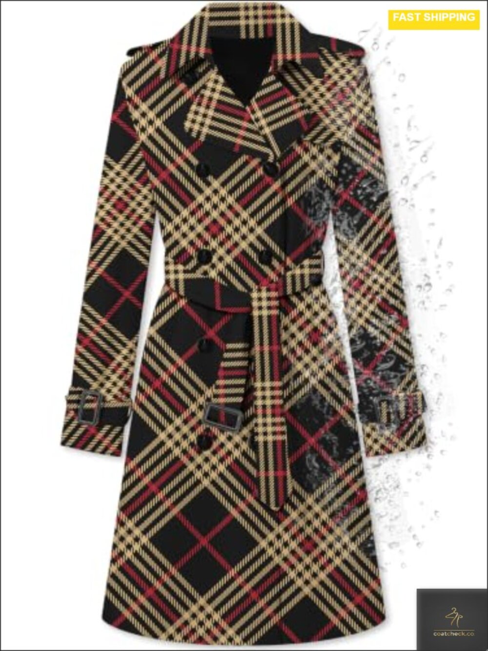 Women's Water-Repellent Double-Breasted Belted Trench Coat 100% Polyester